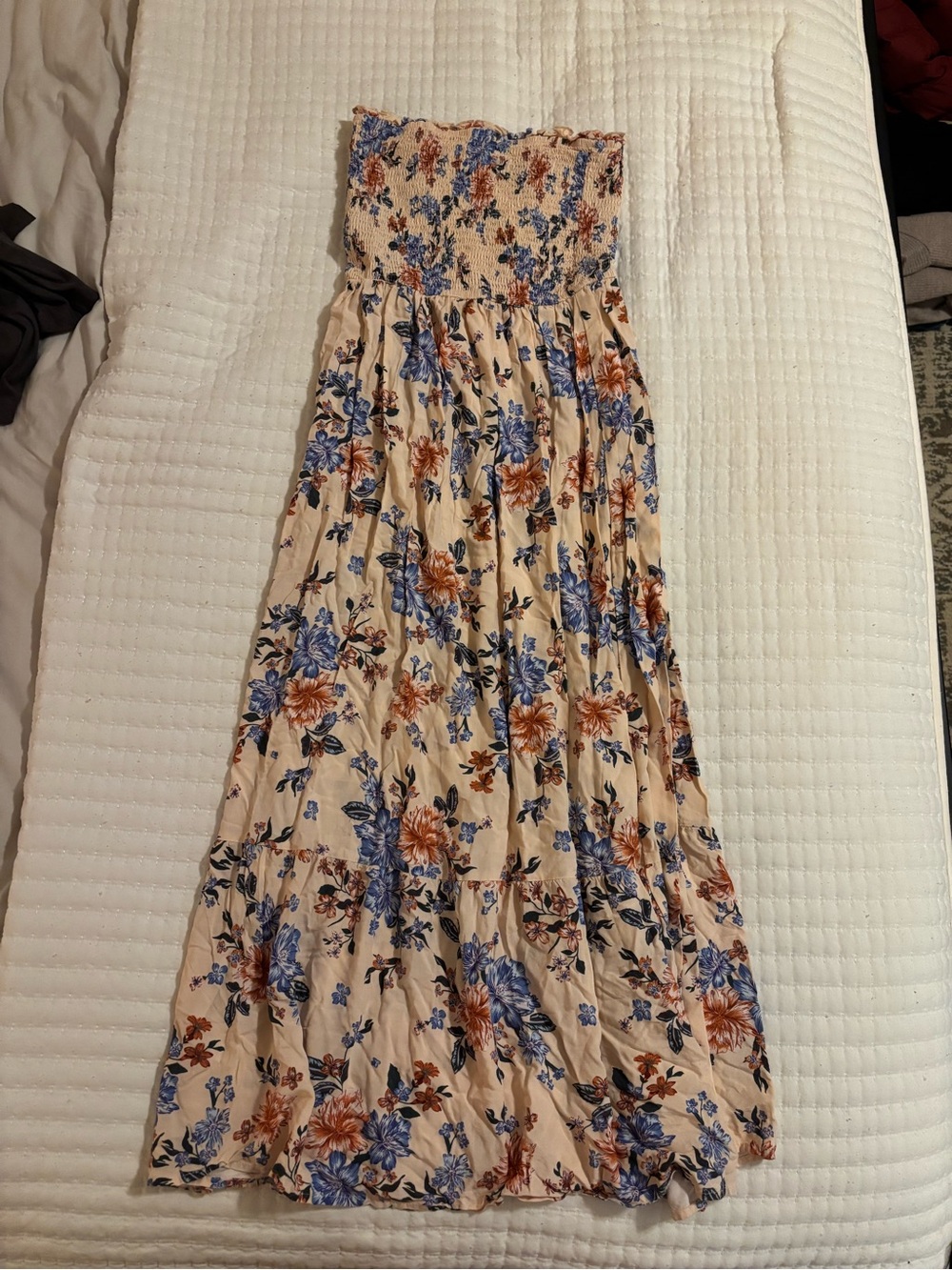 Floral Strapless Smocked Maxi Dress - Cream with Blue & Rust Flowers